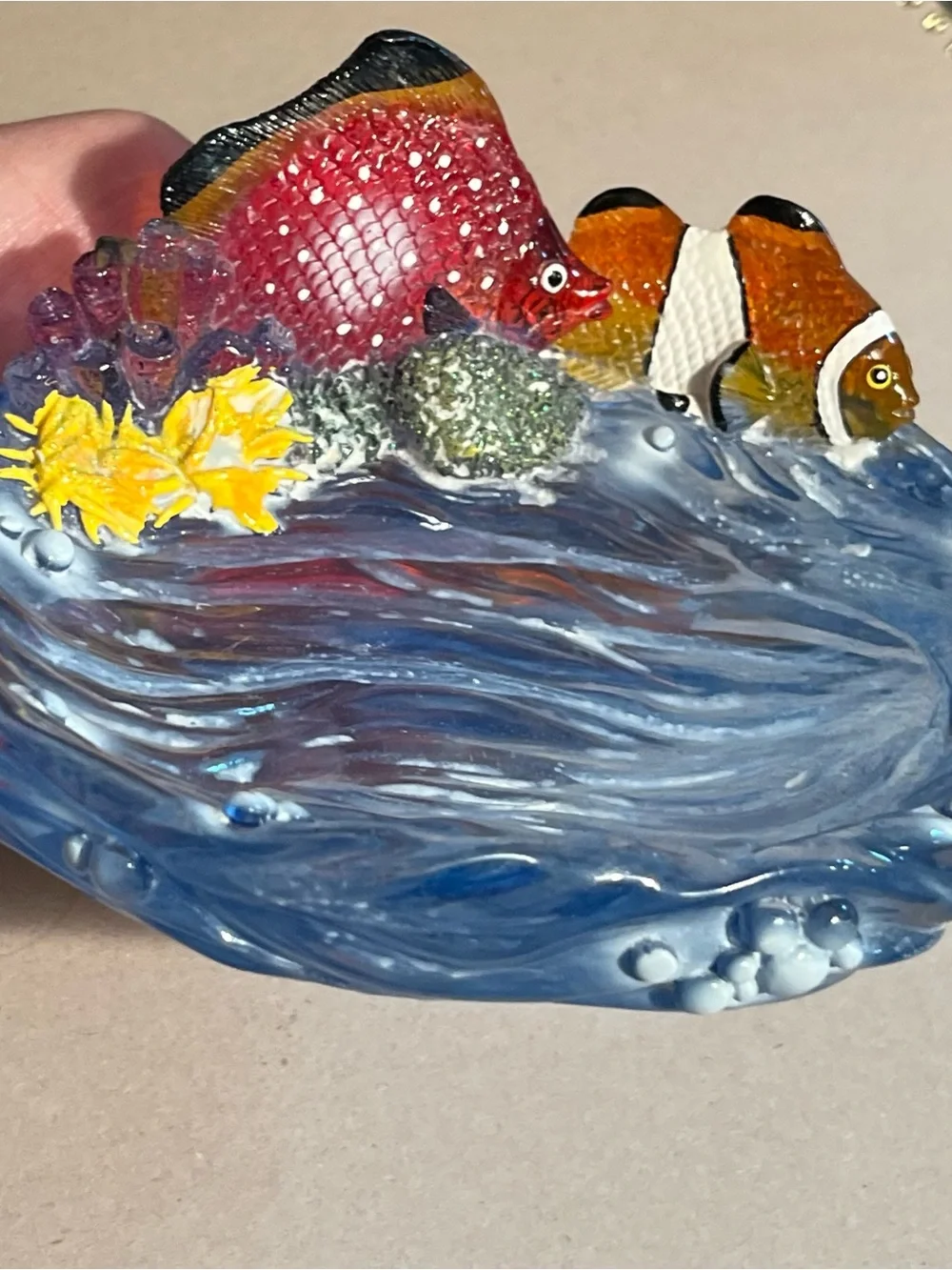Vtg 3D Acrylic Ocean Sea Life Coral Reef Tropical Fish Waves Soap/Trinket Dish